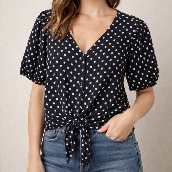 LOFT Tops - LOFT Black and White Polka Dot Tie-Front Blouse